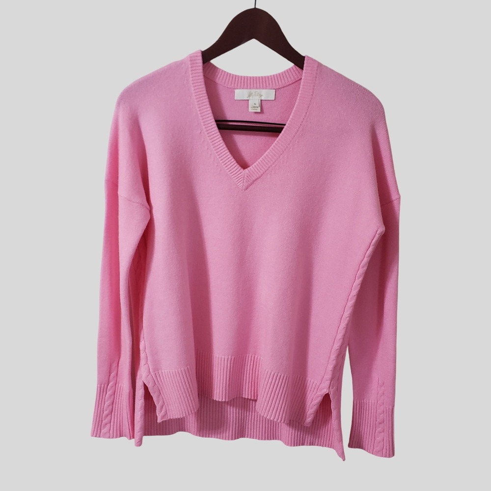 Lilly Pulitzer Laureen V-Neck Sweater Pink Cable Knit Trim Small 019298